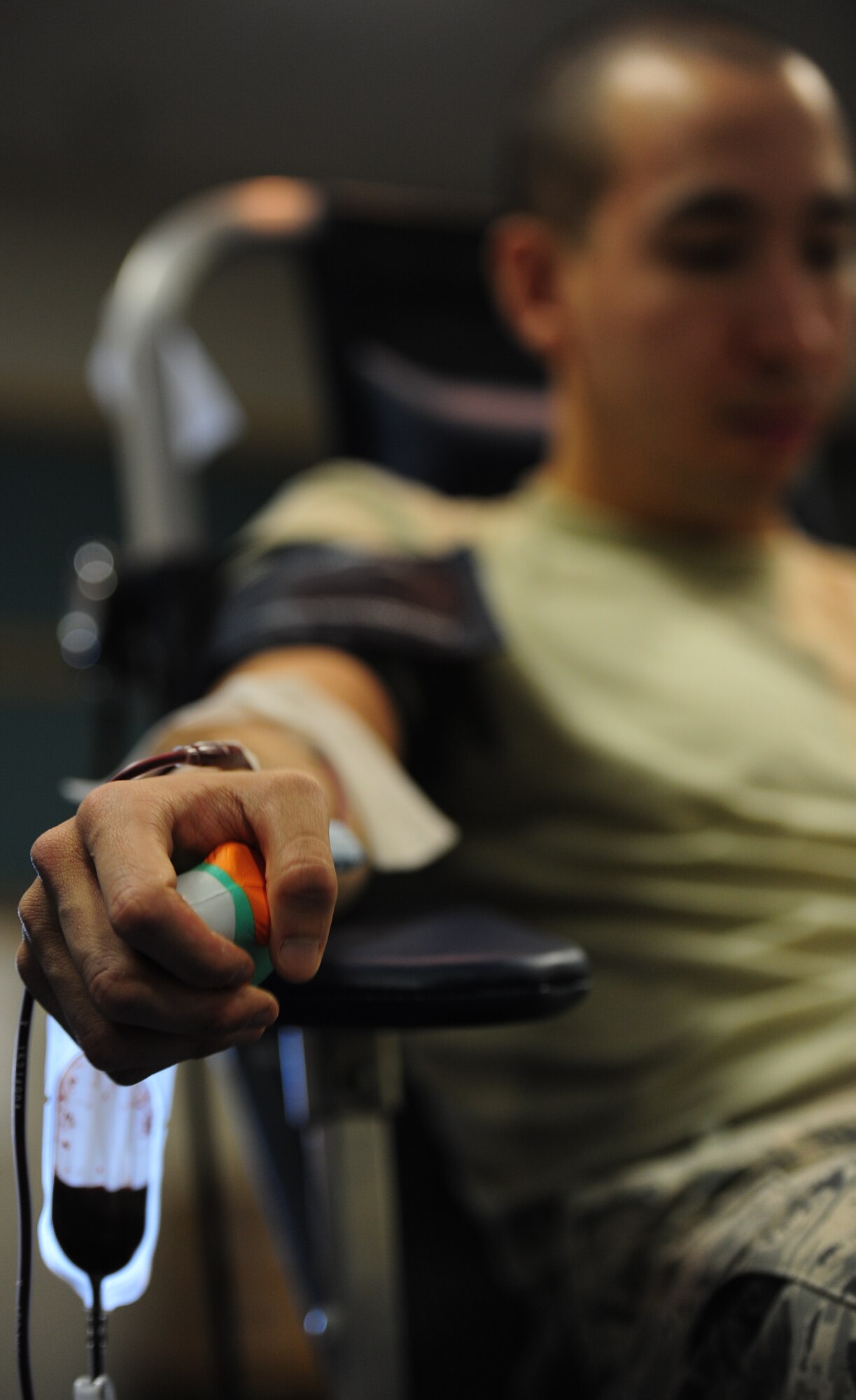 WHITEMAN AIR FORCE BASE, Mo. – A volunteer donates his blood during a blood drive at the community activity center as part of the Armed Services Blood Program Dec. 21. The mission of the ASBP is provide quality blood services for servicemembers and their families in support of global medical readiness during peacetime, humanitarian, and contingency operations. Volunteers who donate blood can give a maximum of one pint every 56 days. (U.S. Air Force photo/Senior Airman Nick Wilson)