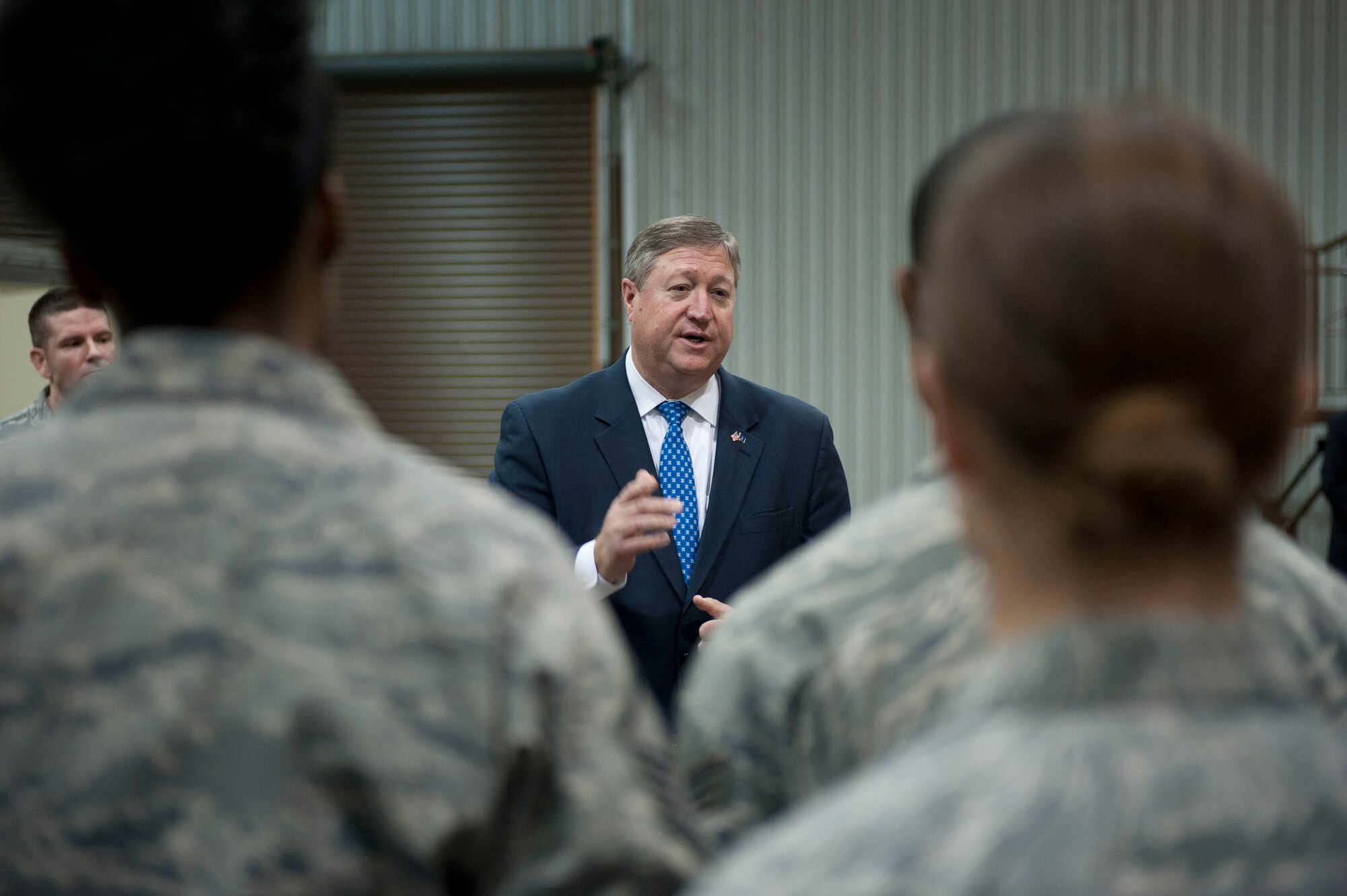 Secretary of the Air Force Michael Donley speaks with Airmen from the 39th Logistics Readiness Squadron during a visit Dec. 20, 2011, at Incirlik Air Base, Turkey. During his visit, Donley met with Airmen across the base to personally thank them for their service. (U.S. Air Force photo by Senior Airman Clayton Lenhardt/Released)
