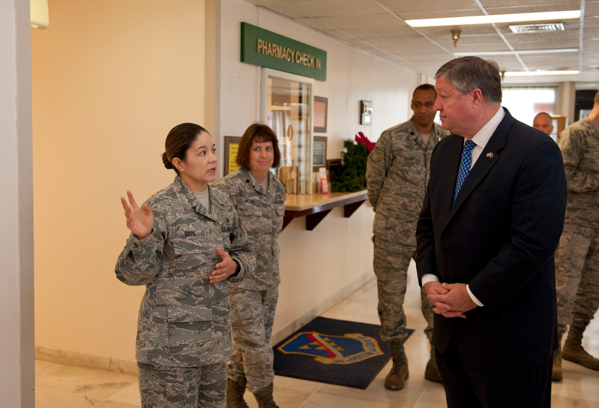 Master Sgt. Josefina Davis, 39th Medical Support Squadron, briefs Secretary of the Air Force Michael Donley during his tour of the Medical Clinic Dec. 20, 2011, at Incirlik Air Base, Turkey. During his visit, Donley met with Airmen across the base to personally thank them for their service. (U.S. Air Force photo by Senior Airman Clayton Lenhardt/Released)