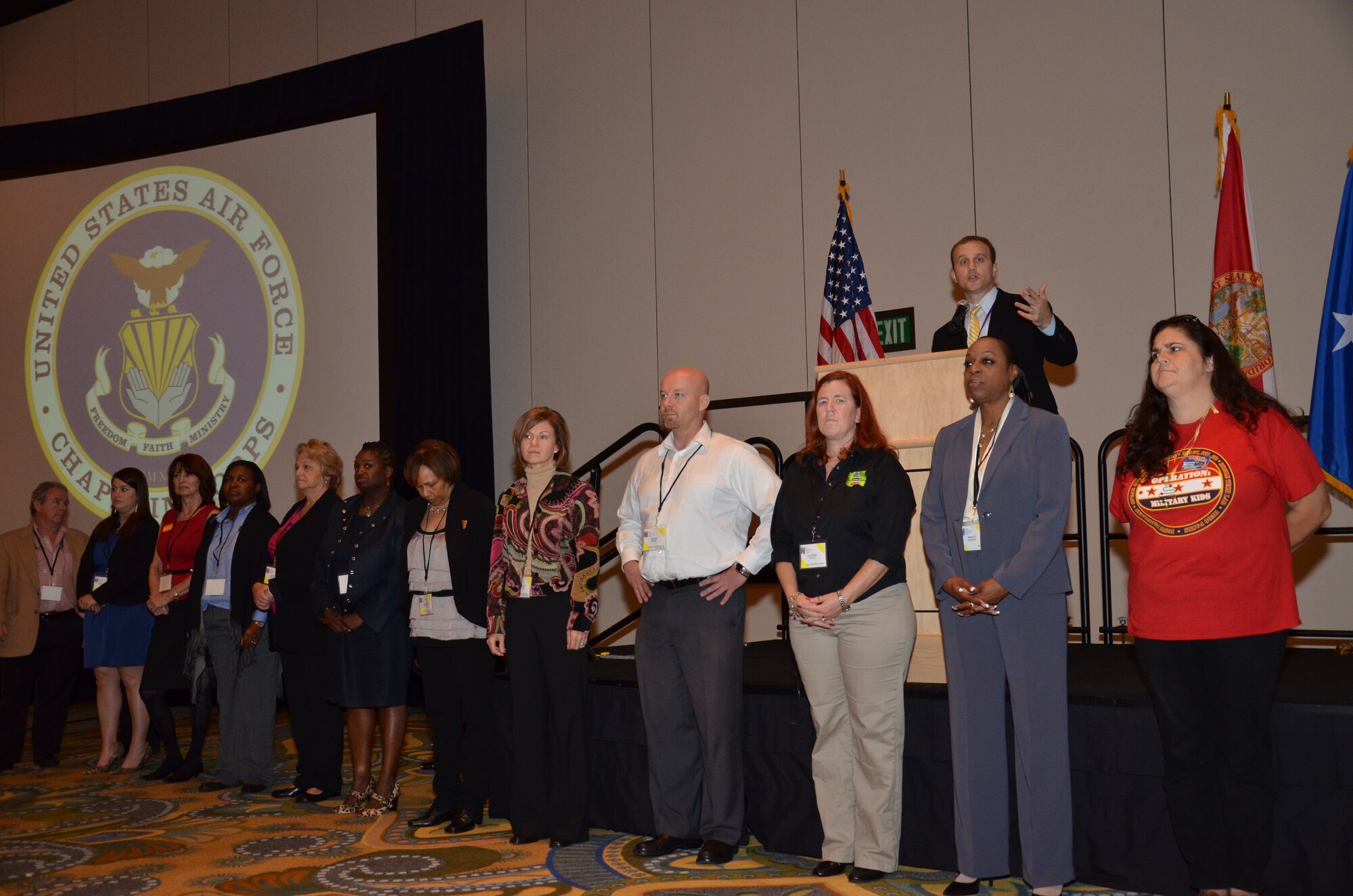 Approximately 30 community partners and organizations line up in the general session at Air Force Reserve Command’s Yellow Ribbon event in Orlando, Fla., Dec. 17, 2011. Reservists who attended the weekend event were able to visit the different organizations’ representatives to learn about specific pre- and post-deployment benefits for them and their dependents. (U.S. Air Force photo/Staff Sgt. Anna-Marie Wyant)