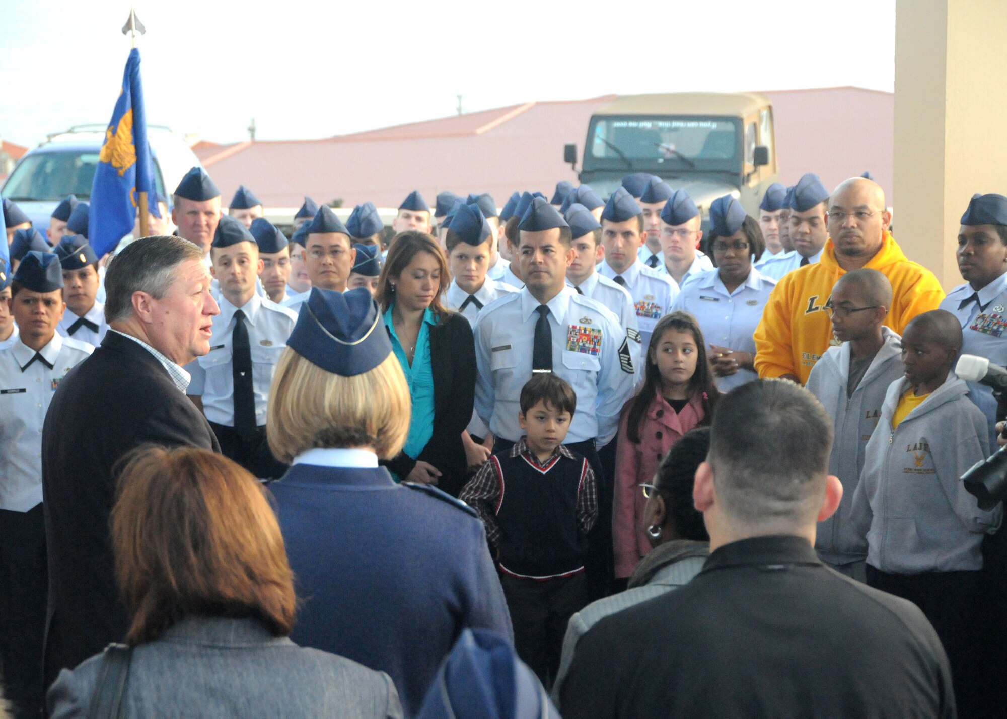 Secretary of the Air Force Michael Donley speaks to Team Lajes Airmen during a Warrior Welcome and Departure ceremony at Lajes Field, Azores, Dec. 19, 2011. The Secretary toured several units of the 65th Air Base Wing and spoke with Airmen in all functions and dimensions of the mission at Lajes Field.  (U.S. Air Force photo/Tech. Sgt. Chyrece Campbell)