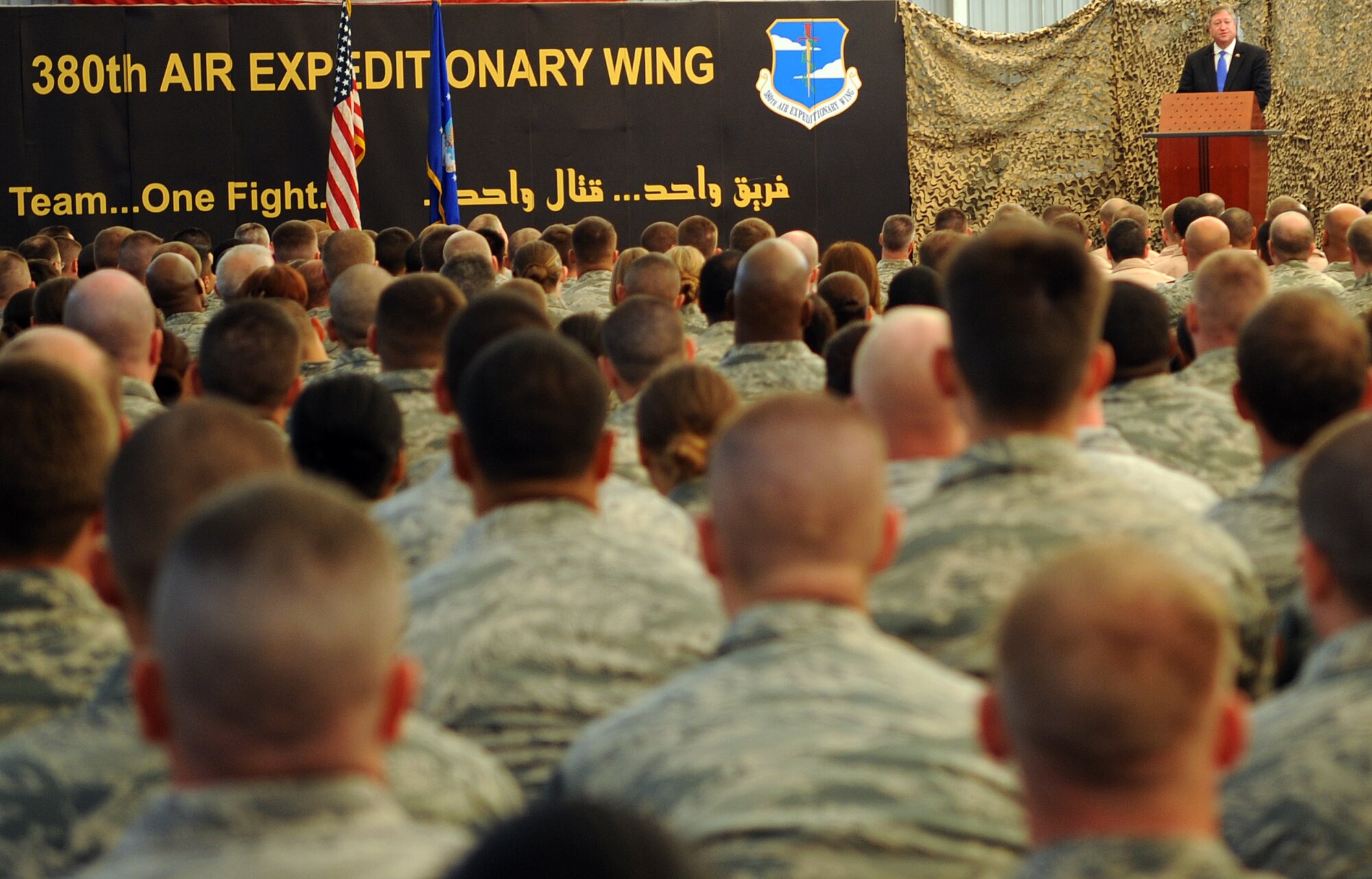 SOUTHWEST ASIA - Secretary of the Air Force Michael Donley speaks to Airmen of the 380th Air Expeditionary Wing Dec. 23, 2011. During his two-day tour of the installation, Airmen, Soldiers and Sailors briefed the SecAF about current and future operations of the wing. In his speech, Donley focused on the importance of building partnerships with joint and coalition partners. (U.S. Air Force photo/Staff Sgt. J.G. Buzanowski)