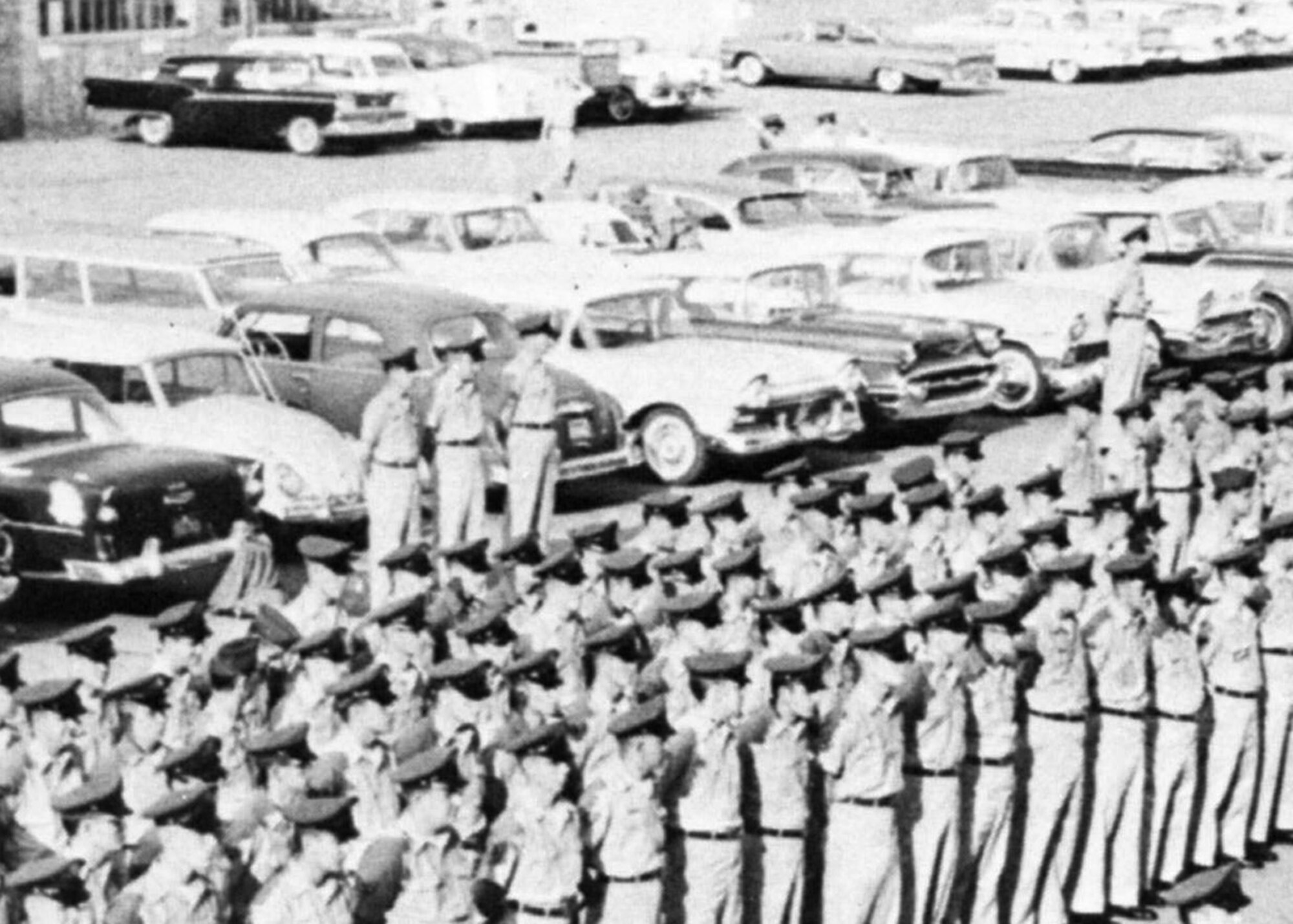 Members of the 131st Fighter -Bomber Wing, Missouri Air National Guard, stand in formation at Lambert Air National Guard base-Saint Louis, while the orders of activation to France are read, Oct. 1, 1961.  (Photo by 131st Bomb Wing)