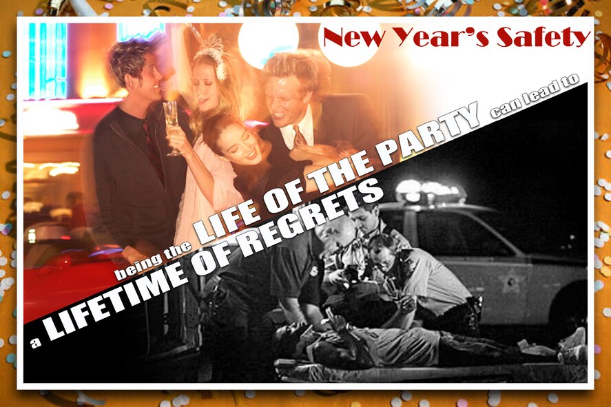 Drinking on New Year’s Eve presents many dangers when individuals decide to get behind the wheel of a car. Have fun and enjoy yourself, but remember to celebrate the new year responsibly and always have a plan when drinking. (U.S. Air Force illustration by Staff Sgt. Jamal D. Sutter/Released)
