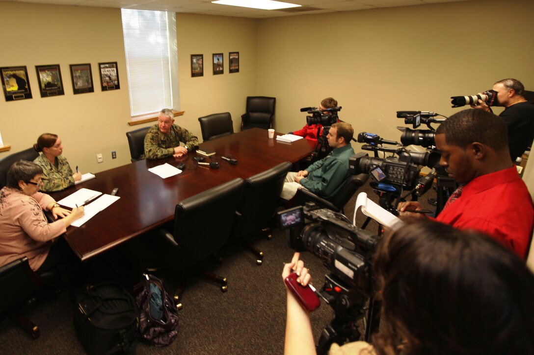 Maj. Gen. Charles Gurganus, I Marine Expeditionary Force commanding general, holds a press conference with local reporters aboard Marine Corps Base Camp Lejeune, Dec. 28.