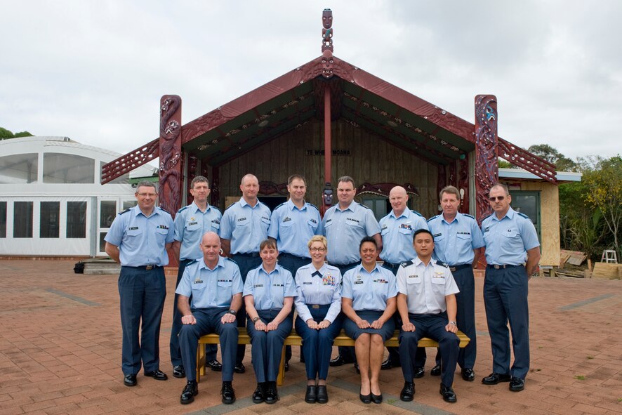 Senior Master Sgt. Nicole Johnson, (bottom middle) 613th Air Operations Center first sergeant, poses with her Royal New Zealand Air Force Warrant Officer Promotion Course class Dec. 9, 2011, at Blenheim, New Zealand. (Courtesy photo)