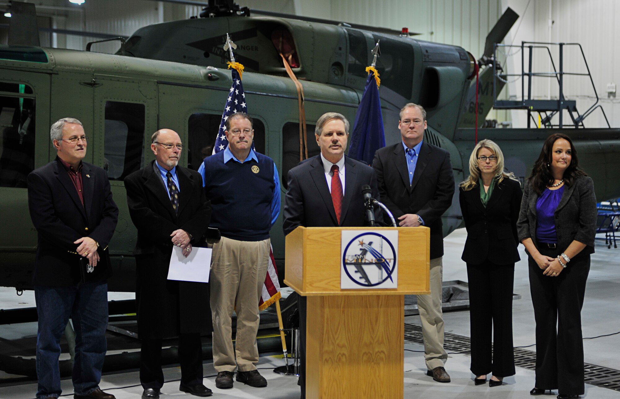 MINOT AIR FORCE BASE, N.D. – North Dakota Sen. John Hoeven held a press conference here, Dec. 27, in conjunction with local civic leaders known as Task Force 21. The senator discussed how the Department of Defense Appropriations Act will affect the base and its Airmen. (U.S. Air Force Photo/Senior Airman Desiree Esposito)