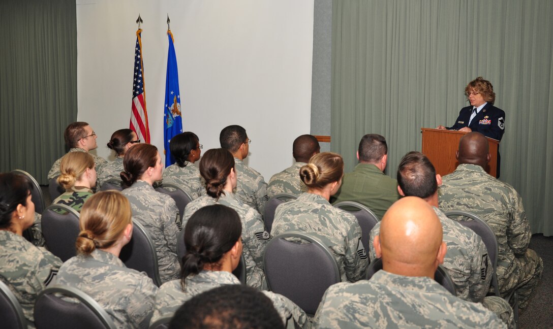 WRIGHT-PATTERSON AIR FORCE BASE, Ohio - Senior Master Sgt. Jane Johnson, 445th Force Support Squadron, chief of education and training, speaks to 16 Community College of the Air Force graduates during the first CCAF graduation hosted by the 445th Airlift Wing June 5, 2011. The 445th Force Support Squadron was awarded the 2011 Air Force Reserve Command/A1 Nathan Altschuler Outstanding Education and Training Program of the Year award. (U.S. Air Force photo/Senior Airman Matthew Cook)