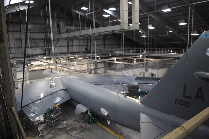 Airmen of the 2nd Aircraft Maintenance Squadron wash a B-52H Stratofortress in the Corrosion Control Facility on Barksdale Air Force Base, La., Dec. 19. The B-52 is a jet-powered strategic bomber and plays a vital role in the Barksdale mission. (U.S. Air Force photo/Senior Airman Kristin High)(RELEASED)