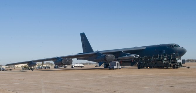A B-52H Stratofortress sits on the flightline of Barksdale Air Force Base, La., Nov. 30. The B-52 is a jet-powered strategic bomber and can hold over 60,000 pounds of weapons. (U.S. Air Force photo/Senior Airman Kristin High)(RELEASED)