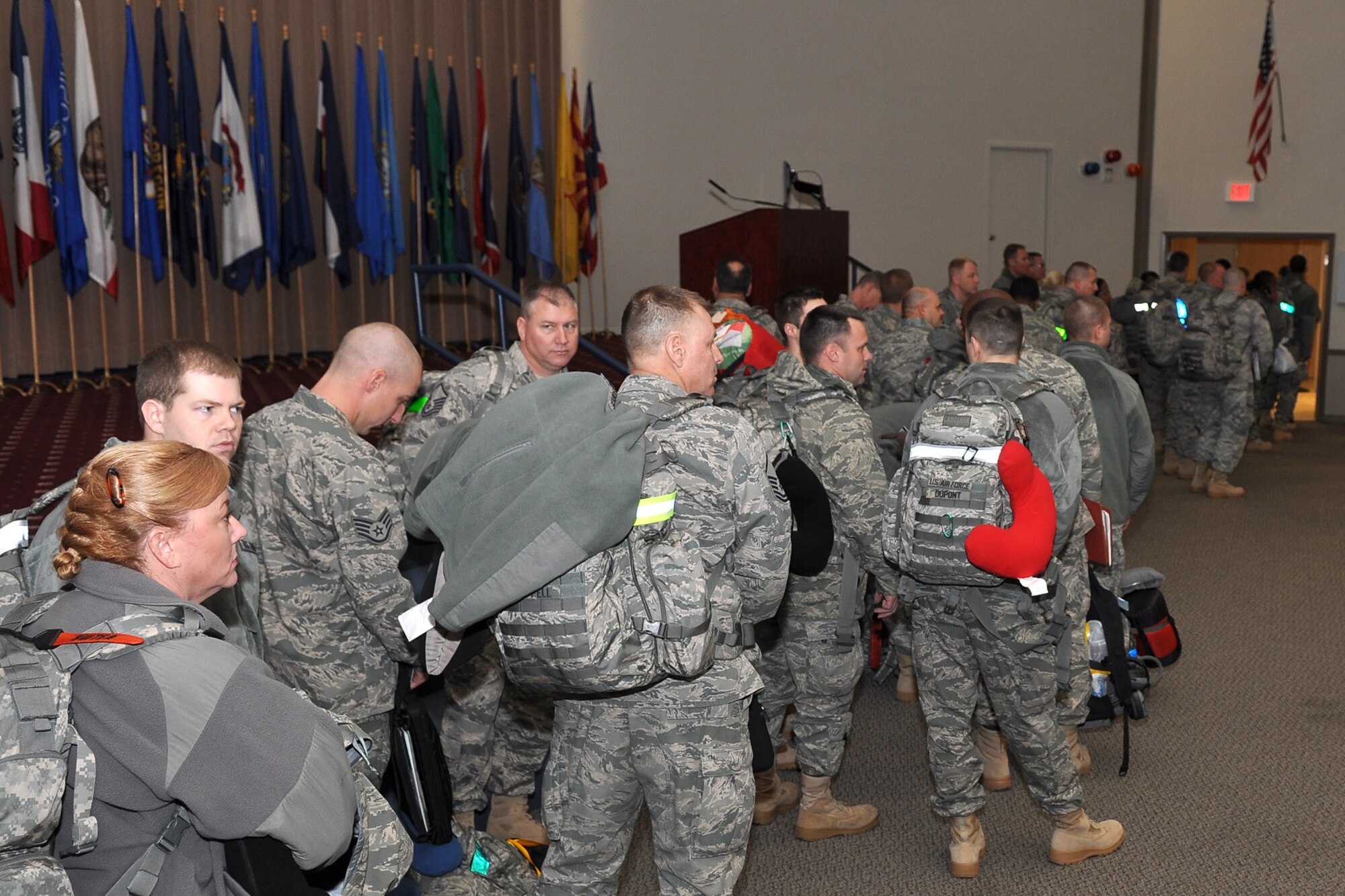 Approximately, 124 Airmen from the 917th Fighter Group line up for processing at Hoban Hall on Barksdale Air Force Base, La., Dec. 28, 2011. They deployed to Afghanistan in support of Operation Enduring Freedom. The 917th FG is an A-10 Thunderbolt II Air Force Reserve unit. (U.S. Air Force photo by Master Sgt. Jeff Walston)