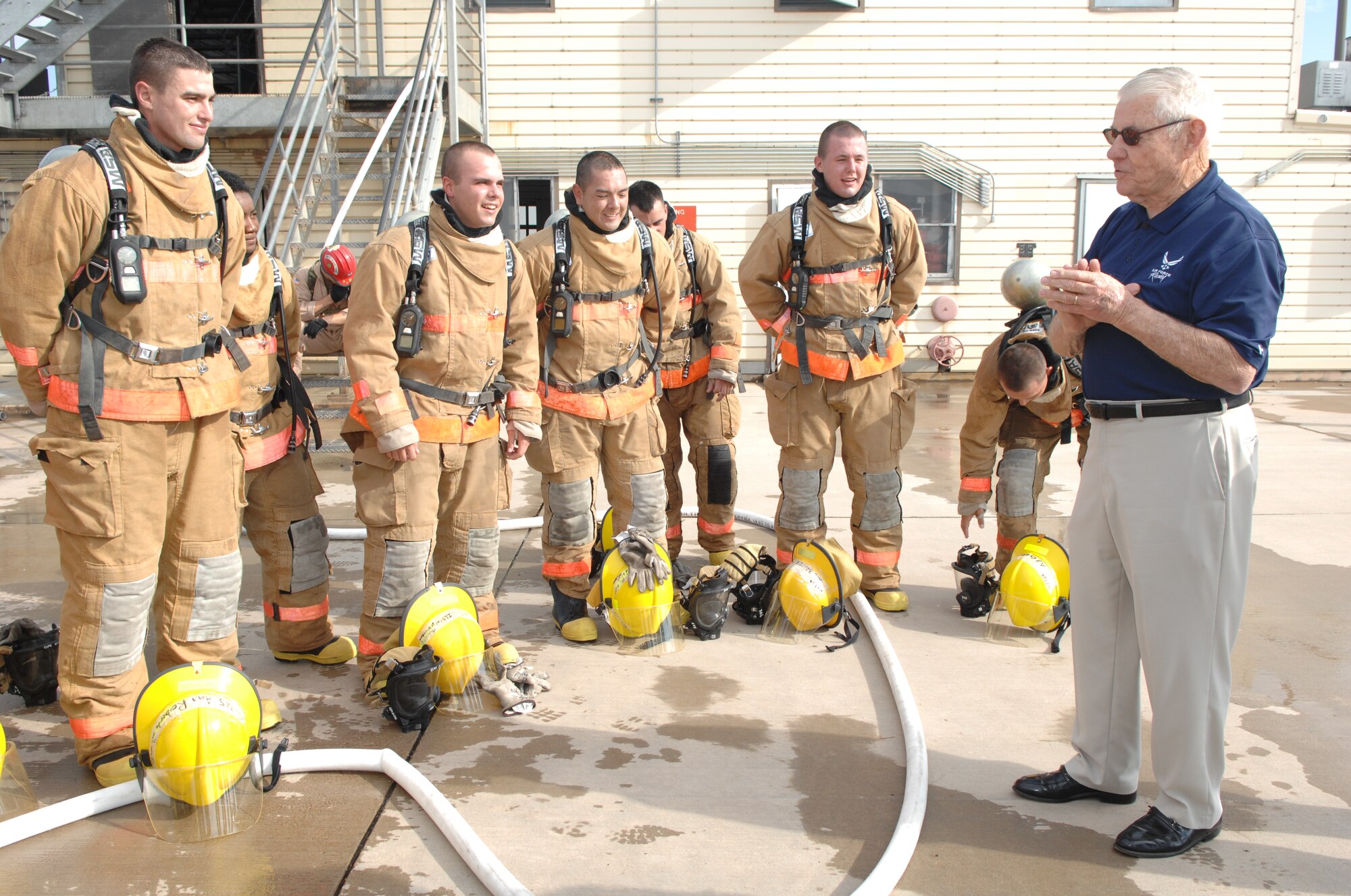 GOODFELLOW AIR FORCE BASE, Texas--Retired Chief Master Sgt. Robert Gaylor, the fifth Chief Master Sergeant of the Air Force, speaks with students at the Louis F. Garland Fire Academy Sept. 16, 2011. Chief Gaylor shared his insight about the Air Force, both past and present, reflected on women in the Air Force and on the joint service training. (U.S. Air Force photo/Staff Sgt. Laura R. McFarlane)