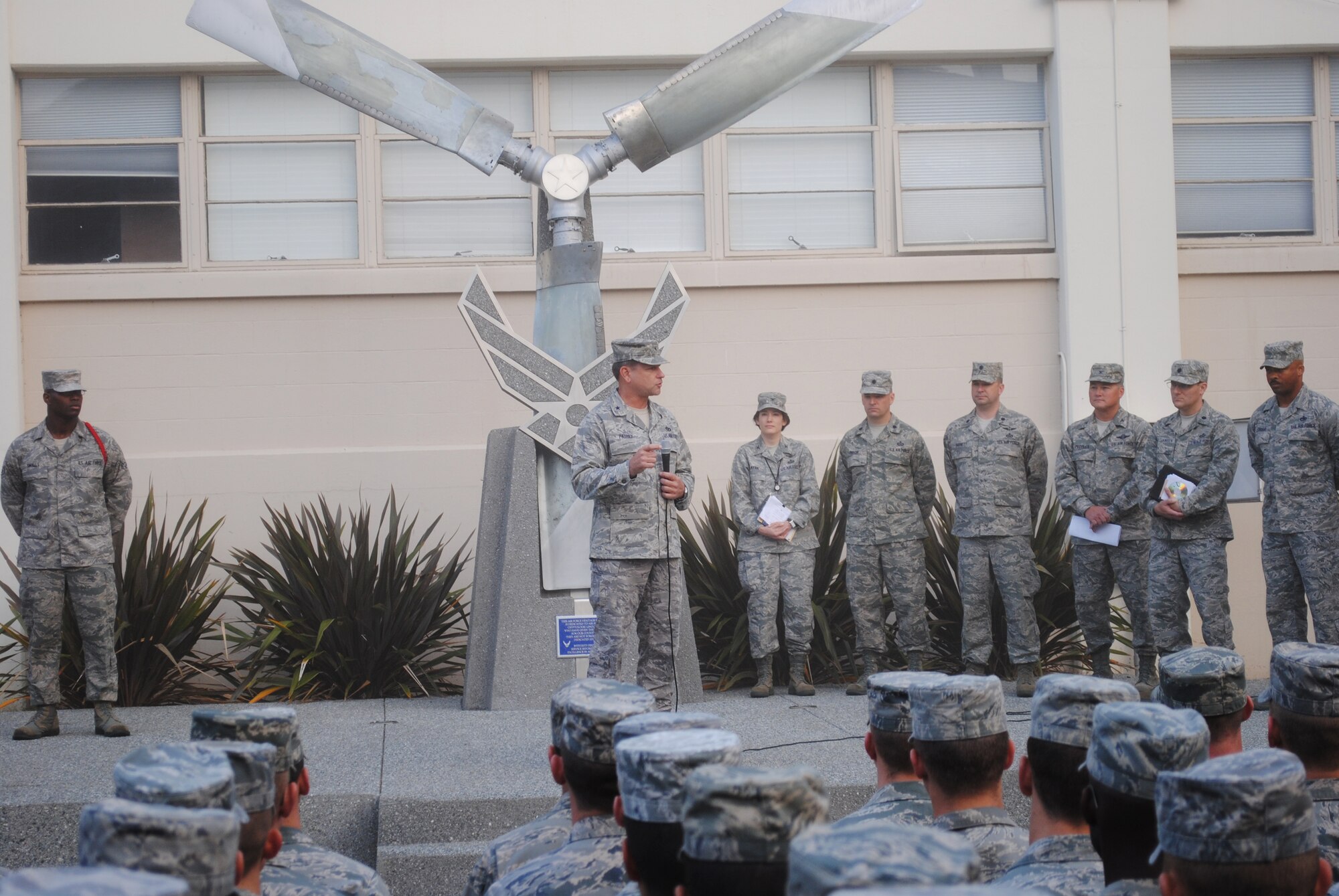 PRESIDIO OF MONTEREY, Calif. -- Brig. Gen. Leonard Patrick, 2nd Air Force Commander, speaks to 517th Training Group members during a visit to the Presidio of Monterey Aug. 24, 2011. The general was joined by Col. Jamie Peoples, 2nd AF Reserve Advisor, and Chief Master Sgt. Linus Jordan Jr., 2nd AF Command Chief, during his visit. (U.S. Air Force photo/Senior Master Sgt. Paul C. Bailey)

