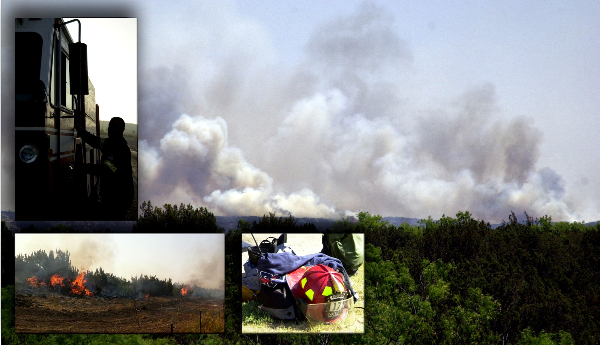 SAN ANGELO, Texas -- Firefighters from the Goodfellow Fire Department and the Louis F. Garland Fire Academy here joined forces with hundreds of other firefighters April 15, 2011 to battle the Wildcat blaze that has burned more than 150,000 acres. (U.S. Air Force photos/Connie Hempel and Anthony Lira)