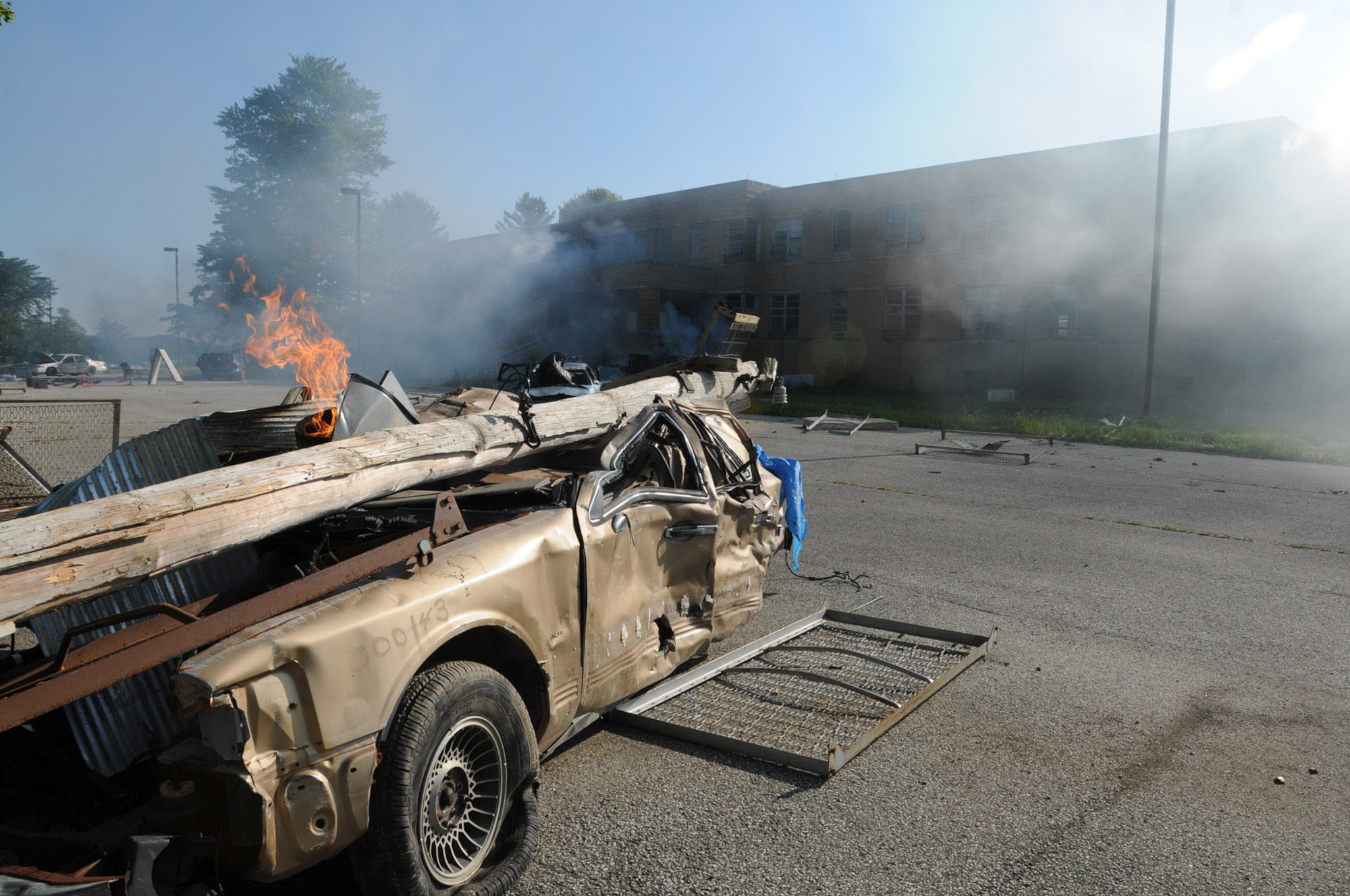 Wreckage, flames and smoke serve as the aftermath of a simulated 10-kiloton nuclear detonation at Muscatatuck Urban Training Complex near Camp Atterbury, Ind., on Aug. 16, 2011, during Vibrant Response 12. U.S. Army North conducted the exercise to prepare military forces for their role in responding to a catastrophic chemical, biological, radiological or nuclear incident in the homeland. (U.S. Army photo by Staff Sgt. Keith Anderson)