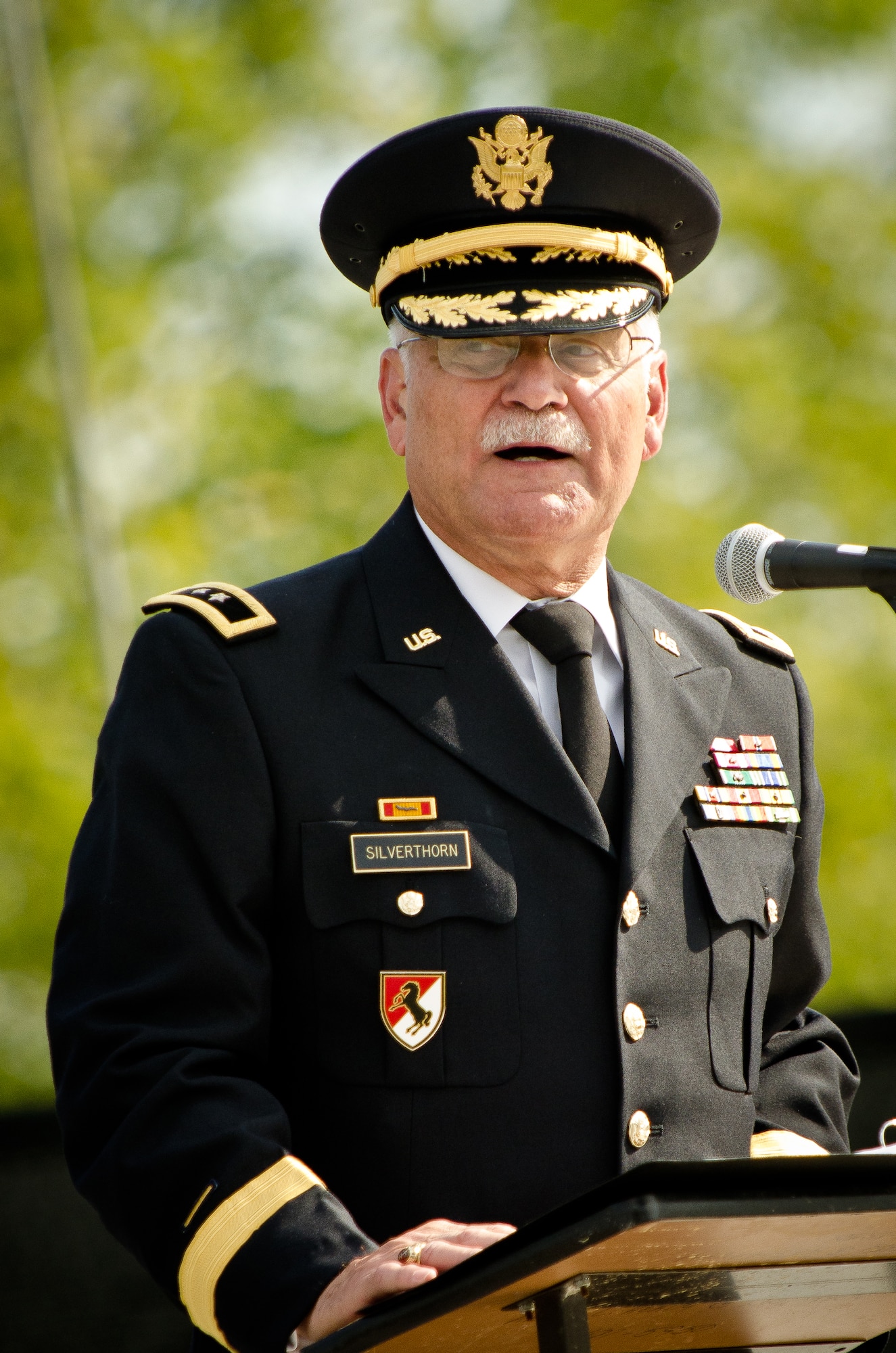 Maj. Gen. Robert S. Silverthorn Jr. (retired), a Louisville attorney and Gulf War veteran, delivers the keynote speech during the closing ceremonies for the Dignity Memorial Vietnam Wall at Resthaven Memorial Park in Louisville, Ky., on Sept. 11, 2011. The memorial is a 3/4-scale replica of the Vietnam Veteran's Memorial in Washington, D.C., and has been exhibited in more than 200 cities across the country since 1990. (U.S. Air Force photo by Maj. Dale Greer)