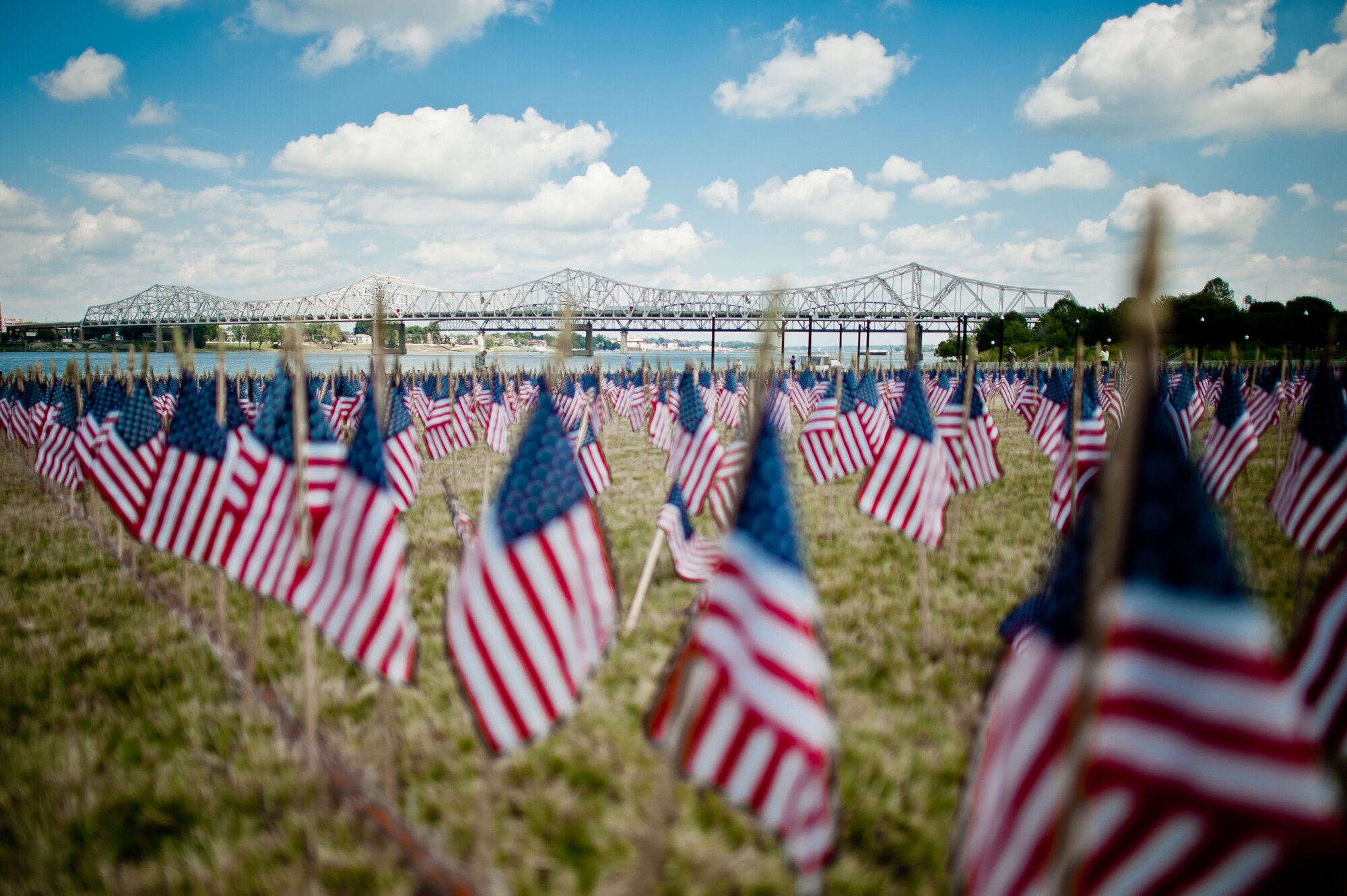 A sea of American flags covers The Great Lawn at Waterfront Park in Louisville, Ky., Sept. 11, 2011, during the city's 10th anniversary observance of the 9/11 terrorist attacks on the United States. The memorial service featured speeches by Gov. Steve Beshear, Sen. Mitch McConnell, Rep. John Yarmuth and Mayor Greg Fischer; and a two-ship C-130 flyover conducted by members of the Kentucky Air National Guard's 123rd Airlift Wing. (U.S. Air Force photo by Maj. Dale Greer)