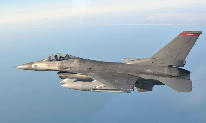 An F-16 Fighting Falcon from the 179th Fighter Squadron, a subordinate unit of the 148th Fighter Wing out of Duluth, Minn., flies a mission over the Gulf of Mexico Jan. 27, 2011. The 148th FW is working with the 53rd Weapons Evaluation Group at Tyndall Air Force Base, Fla., for two weeks to train for their air sovereignty alert missions and to validate their newly-upgraded Block 50 F-16s. (U.S. Air Force photo/ 1st Lt. Christopher Hoskins) 