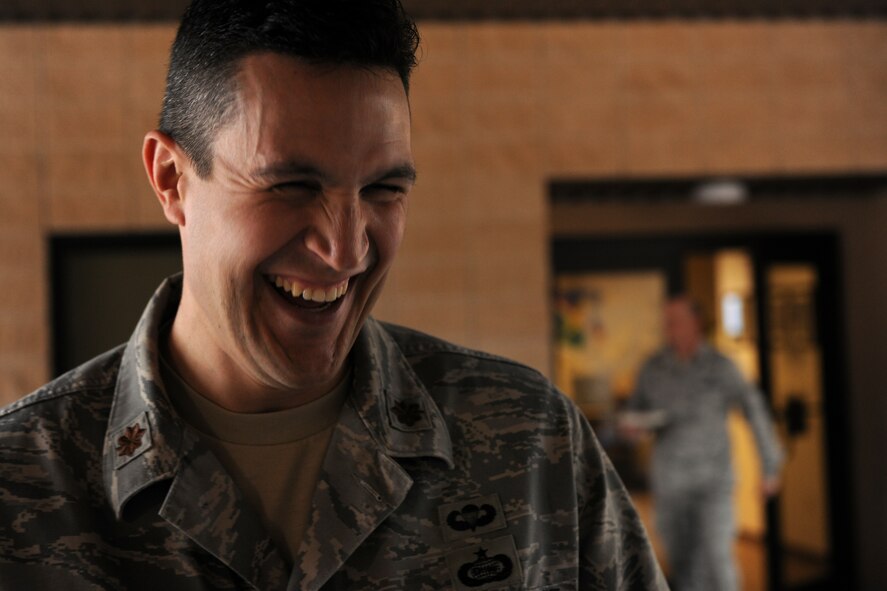 MOODY AIR FORCE BASE, Ga.-- Maj. Edwin Frazier, 93rd Air Ground Operations Wing director of staff, laughs during the wing’s birthday celebration Feb. 1. The 93rd AGOW is expecting a high operations tempo during 2011 with upcoming deployments and training. (U.S. Air Force photo/Airman 1st Class Benjamin Wiseman)(RELEASED)