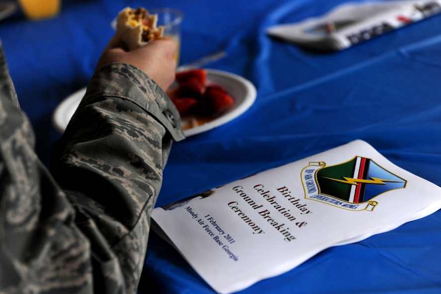 MOODY AIR FORCE BASE, Ga.-- The 93rd Air Ground Operations Wing celebrated its third birthday since being activated in 2008, serving breakfast burritos and cake Feb. 1. The 93rd AGOW had a successful 2010 by receiving the Air Force Outstanding Unit award and also having one of their members named Airman of the Year. (U.S. Air Force photo/Airman 1st Class Benjamin Wiseman)(RELEASED)