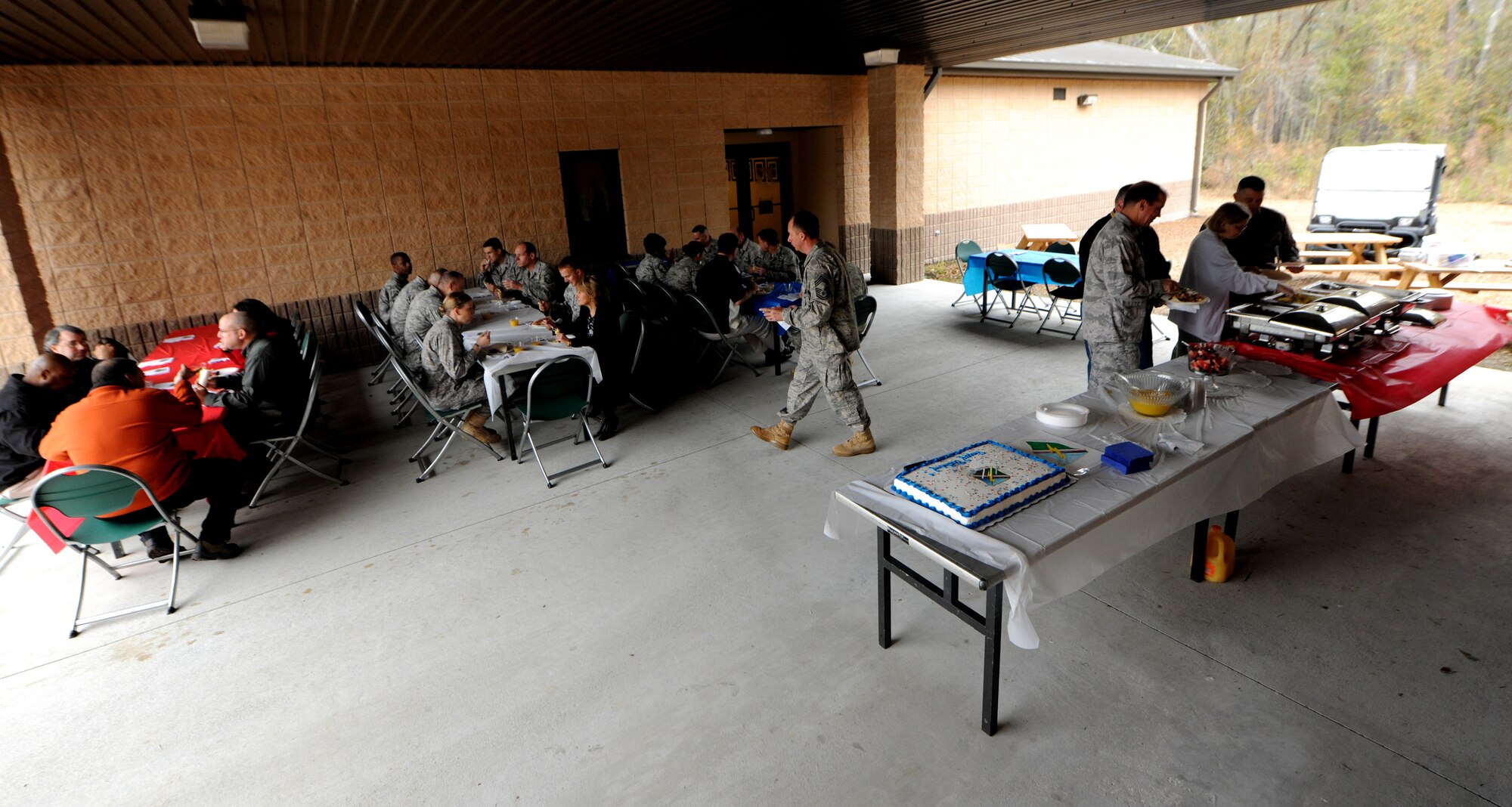 MOODY AIR FORCE BASE, Ga.-- Members of the 93rd Air Ground Operations Wing enjoy breakfast during the 93rd AGOW’s third birthday celebration Feb. 1. The 93rd AGOW was originally activated in 1942 as the 93rd Bomb Group and participated in the first low-level attack of B-24 Liberator heavy bomber aircraft on oil installations in Romania during World War II. (U.S. Air Force photo/Airman 1st Class Benjamin Wiseman)(RELEASED)