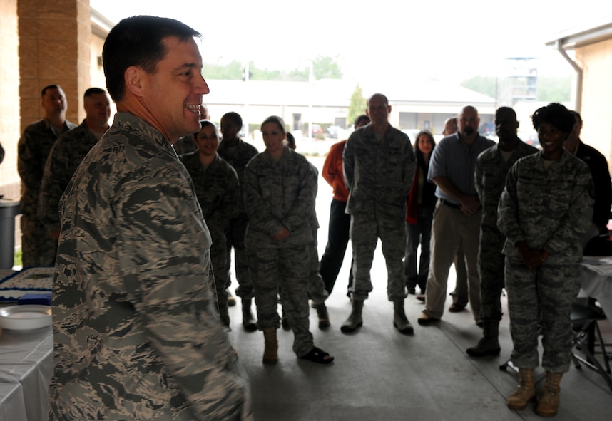 MOODY AIR FORCE BASE, Ga.-- Col. John Horner, 93rd Air Ground Operations Wing commander, gives a speech as the wing celebrates its third birthday Feb. 1. The 93rd AGOW activated on Jan. 25, 2008, and was the first air ground operations wing to provide highly-trained ground combat forces capable of integrating air and space power into the ground scheme of fire and maneuver. (U.S. Air Force photo/Airman 1st Class Benjamin Wiseman)(RELEASED)