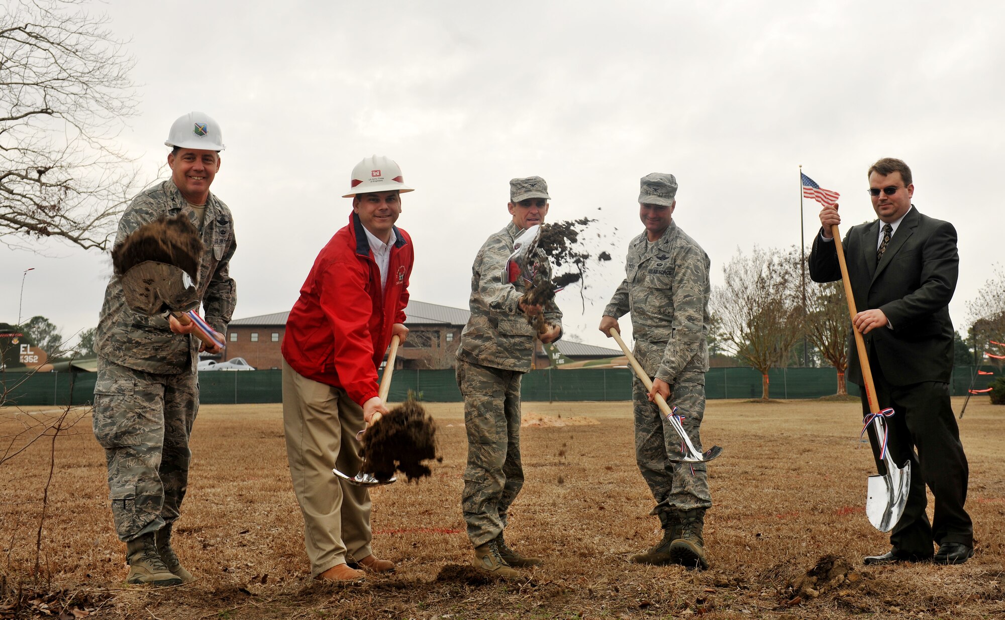 MOODY AIR FORCE BASE, Ga. -- Moody leadership and members from the Army Corps of Engineers break ground at the new 93rd Air Ground Operations Wing and 23rd Mission Support Group headquarters building Feb. 1. The $11.6 million project is estimated to take a year and a half to complete. (U.S. Air Force photo/Airman 1st Class Joshua Green)(RELEASED)
