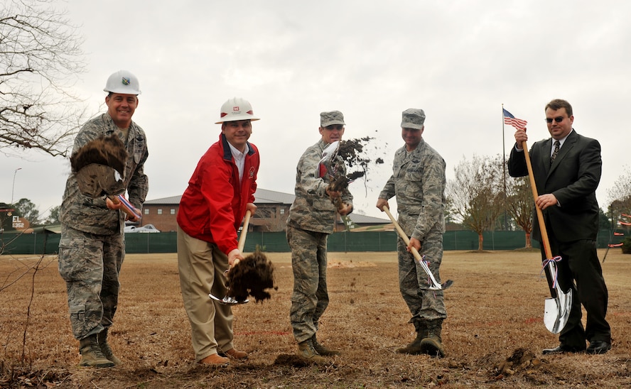 MOODY AIR FORCE BASE, Ga. -- Moody leadership and members from the Army Corps of Engineers break ground at the new 93rd Air Ground Operations Wing and 23rd Mission Support Group headquarters building Feb. 1. The $11.6 million project is estimated to take a year and a half to complete. (U.S. Air Force photo/Airman 1st Class Joshua Green)(RELEASED)
