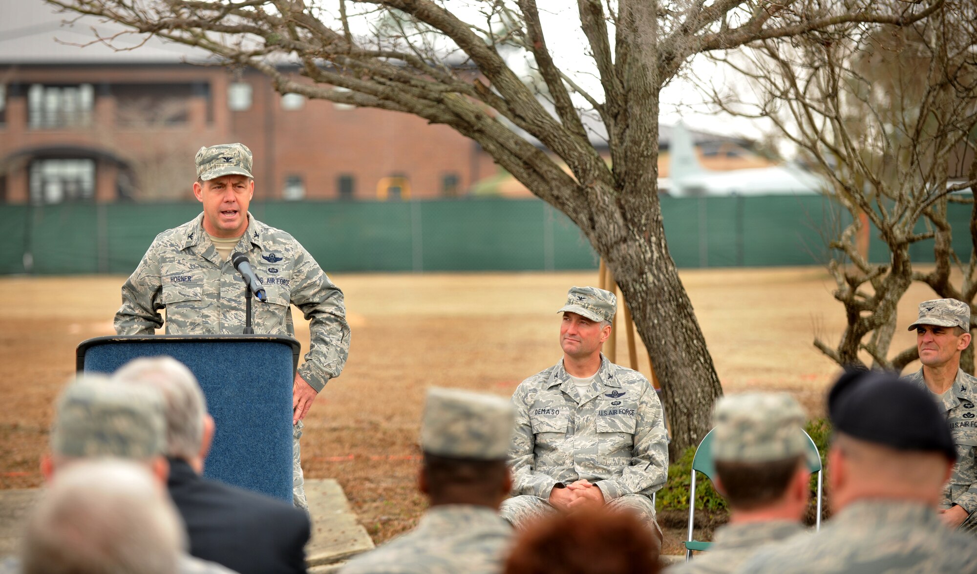MOODY AIR FORCE BASE, Ga.-- Col. John Horner, 93rd Air Ground Operations Wing commander, gives opening remarks during a ground breaking ceremony for the new 93rd AGOW and 23rd Mission Support Group headquarters building Feb. 1. The facility will be 36,000 square feet and reflect the adjacent Parker Green Base Support Center. (U.S. Air Force photo/Airman 1st Class Joshua Green)(RELEASED)
