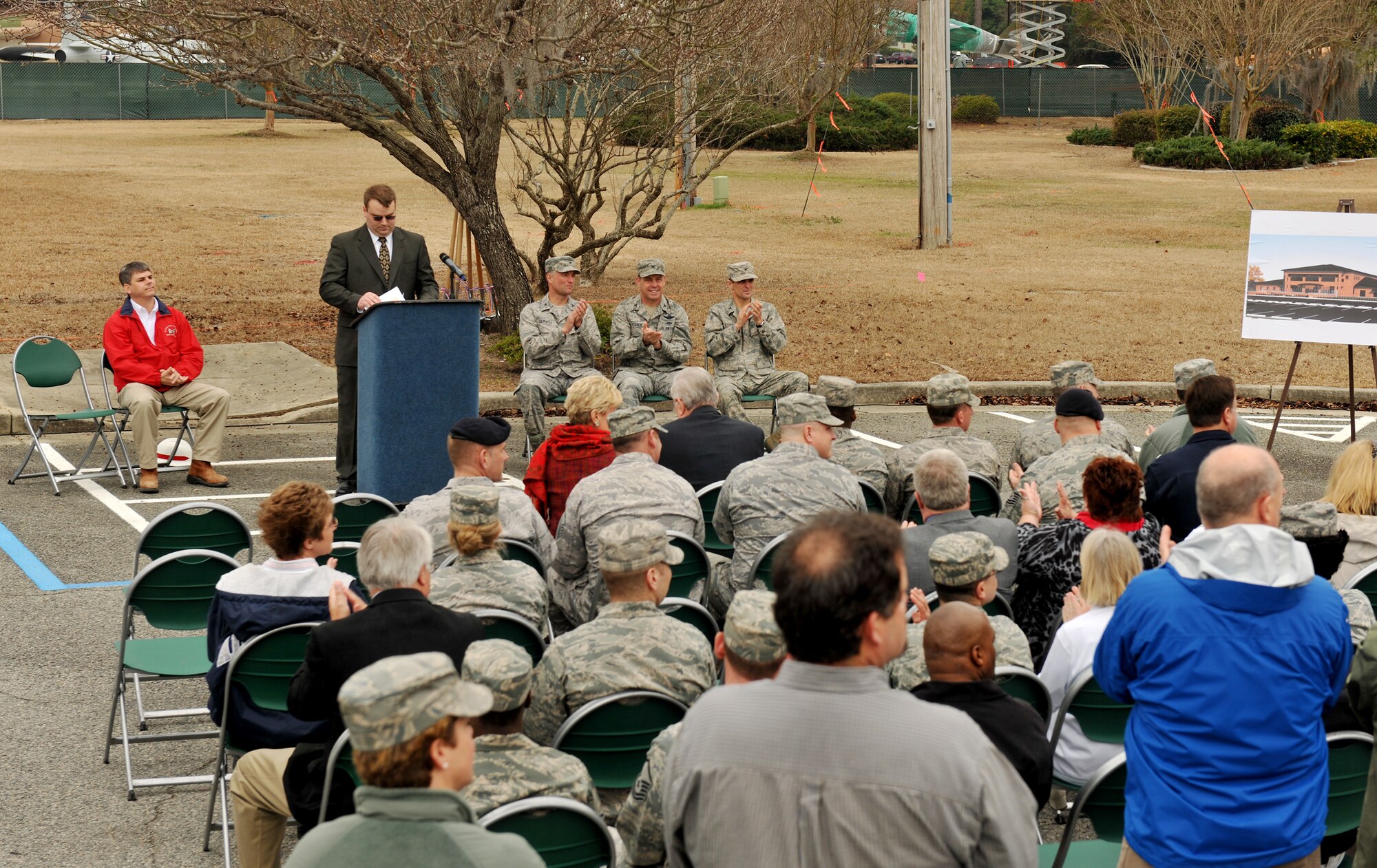 MOODY AIR FORCE BASE, Ga.-- Moody leadership and members from the Army Corps of Engineers are introduced during a groundbreaking ceremony for the new 93rd Air Ground Operations Wing and 23rd Mission Support Group headquarters building Feb. 1. The project is estimated to be completed in a year and a half. (U.S. Air Force photo/Airman 1st Class Joshua Green)(RELEASED)
