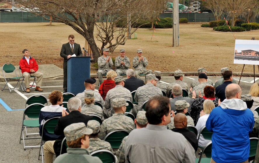 MOODY AIR FORCE BASE, Ga.-- Moody leadership and members from the Army Corps of Engineers are introduced during a groundbreaking ceremony for the new 93rd Air Ground Operations Wing and 23rd Mission Support Group headquarters building Feb. 1. The project is estimated to be completed in a year and a half. (U.S. Air Force photo/Airman 1st Class Joshua Green)(RELEASED)
