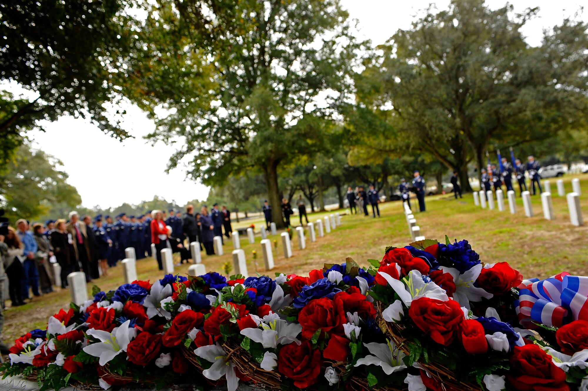 Members of the 1st Special Operations Wing and family of the Spirit 03 crew attend a wreath-laying ceremony Jan. 31, 2011, at the Barrancas National Cemetery, Pensacola Naval Air Station, Fla. The ceremony marked the 20th anniversary of when 14 Airmen lost their lives when Spirit 03, an AC-130H Spectre gunship, was shot down by enemy fire in support of Operation Desert Storm Jan. 31, 1991. (U.S. Air Force photo by Staff Sgt. Julianne M. Showalter/Released)