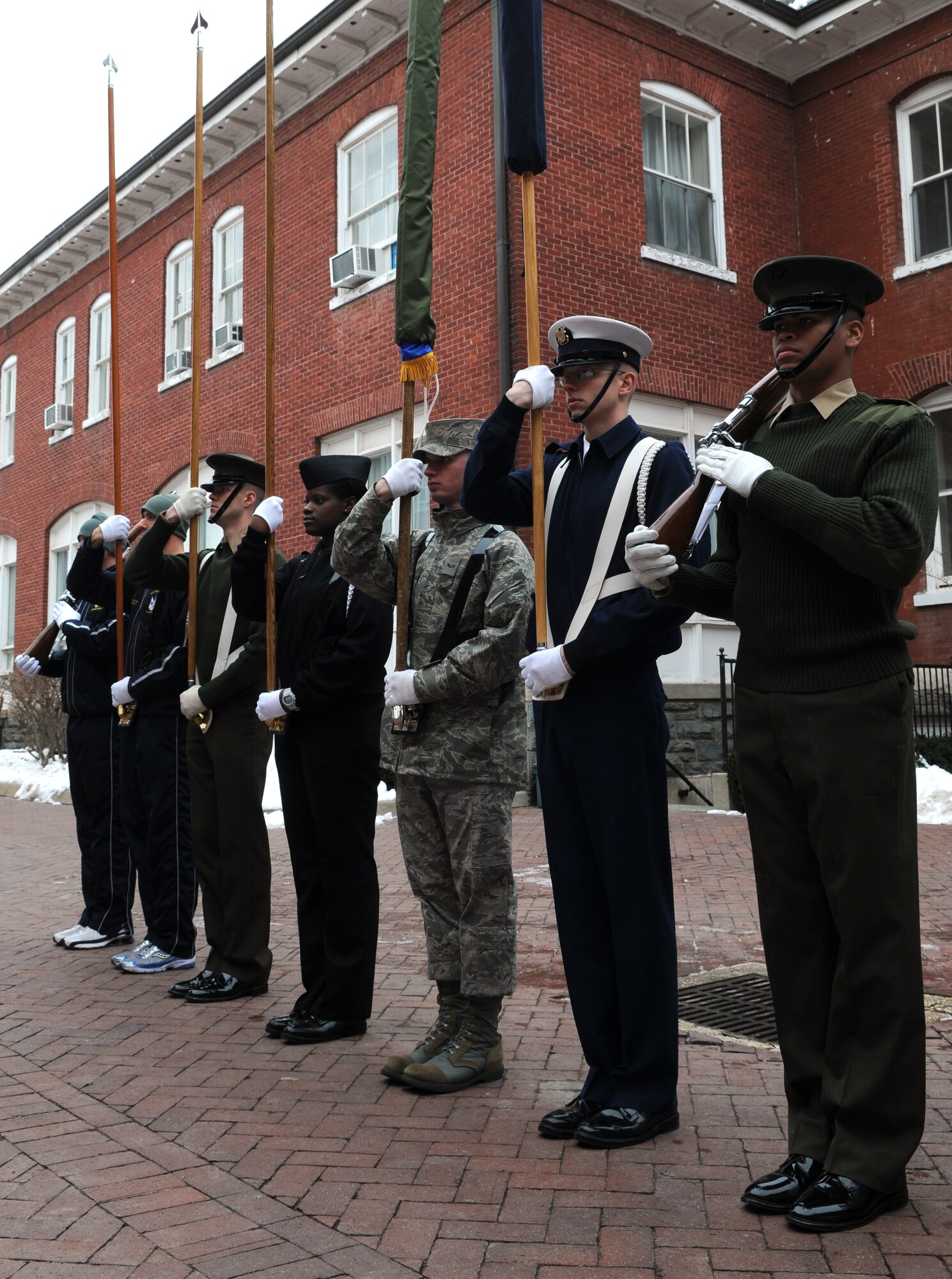 Members from the Joint Color Guard team practice for opening ceremonies at the Super Bowl Jan. 31. at Fort Myer, Va. Members from each service were selected to represent the U.S. military during the 2011 Super Bowl held in Dallas, Texas. (U.S. Air Force photo by Senior Airman Christopher Ruano)