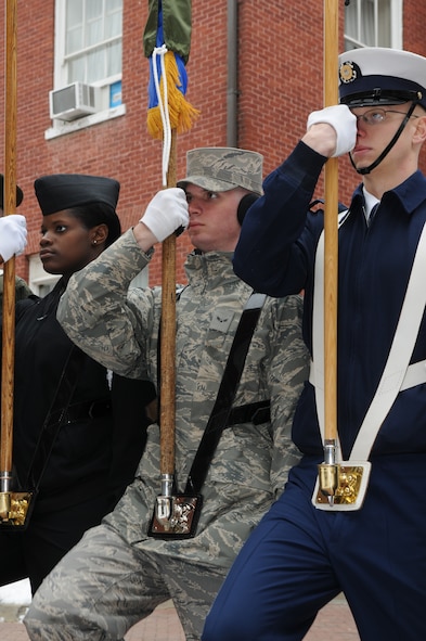 Airman 1st Class David Valine, color team member in The U.S. Air Force Honor Guard, marches in step during practice Jan. 31. at Fort Myer, Va. Airman Valine was selected to represent the U.S. Air Force during the presentation of colors at the opening ceremony during the 2011 Super Bowl. (U.S. Air Force photo by Senior Airman Christopher Ruano) 
