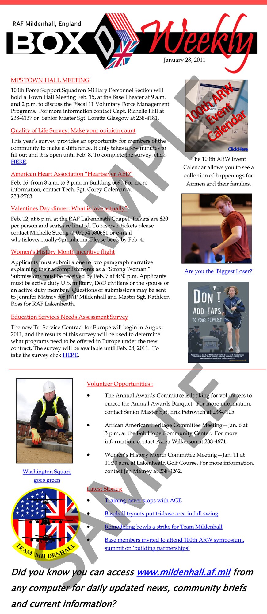 RAF MILDENHALL, England -- The 100th Air Refueling Wing Public Affairs Office is introducing the Box D Weekly, an electronic newsletter, Feb. 11 to cut down the amount of basewide e-mails sent out on a daily basis.  The information in this sample may not be accurate. (U.S. Air Force graphic)