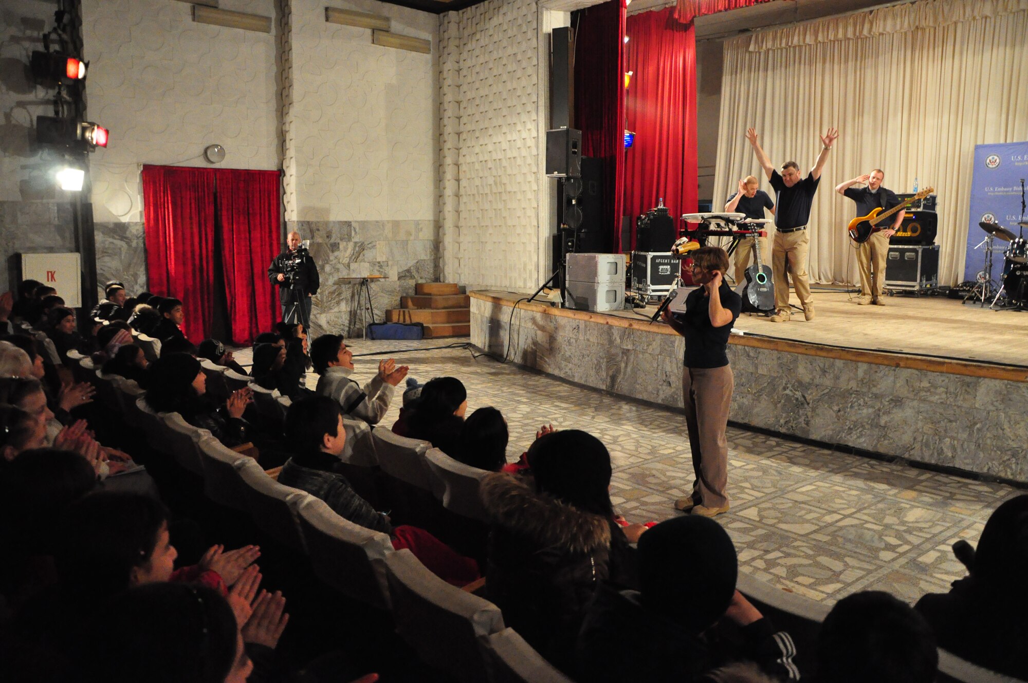 U.S. Air Forces Central band "Starlifter" performs at the "Alyi Parus" House of Culture, Kant, Kyrgyzstan, Jan. 31. Starlifter, based out of Scott Air Force Base, Ill., is currently deployed as the U.S. Air Forces Central Expeditionary Band. These dynamic musicians travel throughout the CENTAF Area of Responsibility promoting troop morale, diplomacy and outreach to host nation communities. (U.S. Air Force photo/ Master Sgt. Daniel H. Nathaniel III) 