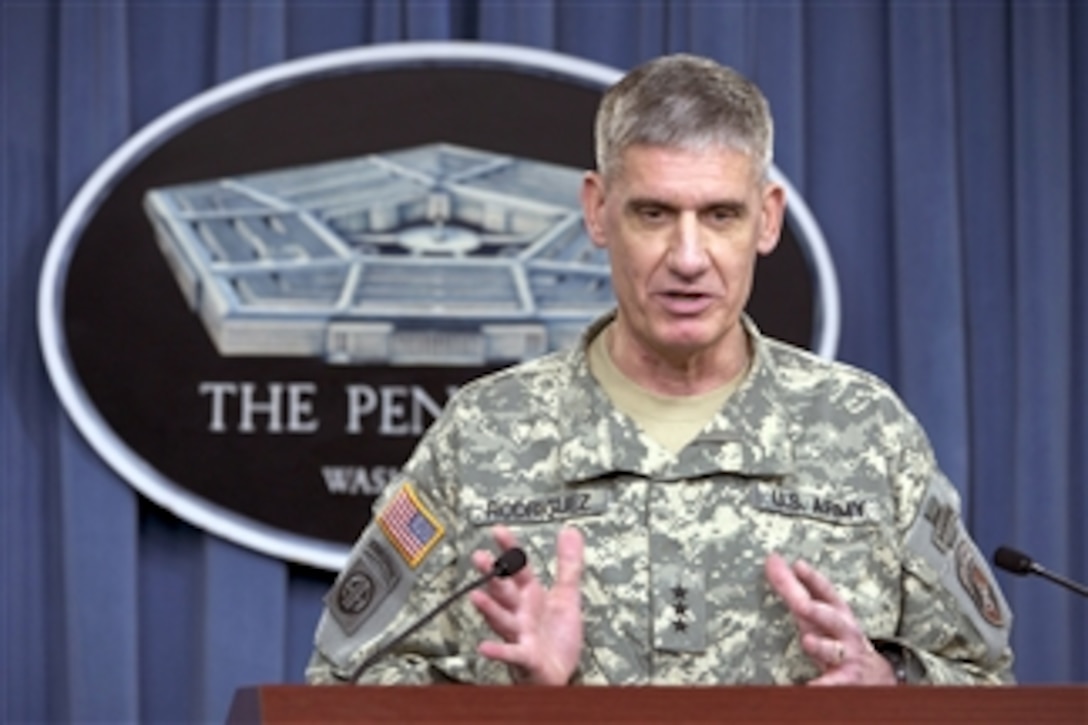 Commander of International Security Assistance Force Joint Command and Deputy Commander, U.S. Forces-Afghanistan Lt. Gen. David M. Rodriguez speaks with members of the press about the ongoing operations and progress in Afghanistan in the Pentagon on Feb. 1, 2011.  