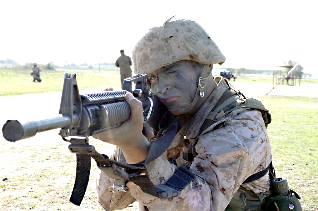 Recruit Bryce Buss, Platoon 3209, Company I, provides cover for the other recruits of his squad. Half of the squad provides cover while the other half completes the obstacle during the Crucible at Edson Range, Marine Corps Base Camp Pendleton, Calif., Feb. 1.