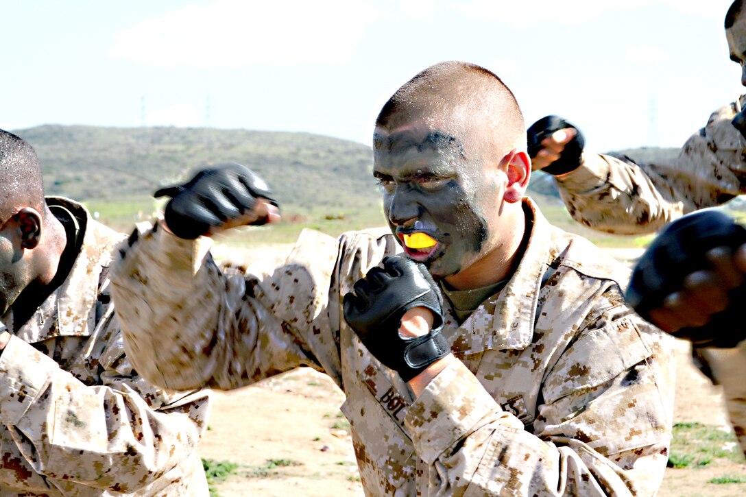 Recruit Dylan K. Bolt, Platoon 3210, Company I, practices his Marine Corps Martial Arts moves after competing in the body sparing event during the Crucible, Feb. 1, at Edson Range, Marine Corps Base Camp Pendleton, Calif.
