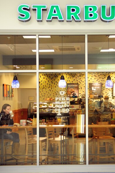 Customers purchase hot drinks at Starbucks located inside the Base Exchange at Barksdale Air Force Base, La., Feb. 2. Due to recent freezing temeratures in northwest Louisiana, Barksdale Airmen have been frequenting establishments that serve hot drinks in an attempt to combat the cold. (U.S. Air Force photo/Senior Airman Joanna M. Kresge)