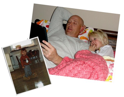 Mike Strickler, the Public Affairs director at Edwards Air Force Base, Calif., and his granddaughter, Zoe, read a bedtime story last December. Twenty-five years prior, his daughter Stephanie (below left) and son Michael motivated him to earn his first Community College of the Air Force degree. (Courtesy photos)