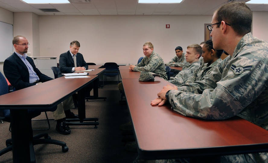 MOODY AIR FORCE BASE, Ga. -- Rick Gates, PKF Consulting vice president, and Adam Maclennan, PKF Consulting senior consultant, listen and take notes as Moody members talk about their concerns with the Georgia Pines Dining Facility Feb. 1. One of the concerns was that Airmen who work mid-shift are often unable to go to the dining facility because of the hours of operation. (U.S. Air Force photo/Airman 1st Class Douglas Ellis)(RELEASED)
