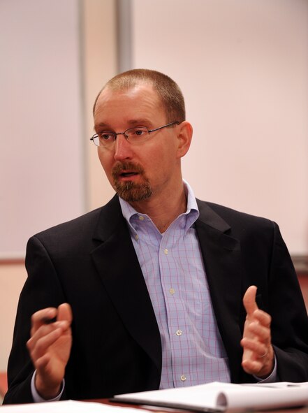 MOODY AIR FORCE BASE, Ga. -- Rick Gates, PKF Consulting vice president, discusses ideas on how Airmen can effectively use their meal cards Feb. 1. One of the ideas was to have all of the on-base food vendors accept meal cards as a method of payment. (U.S. Air Force photo/Airman 1st Class Douglas Ellis)(RELEASED)
