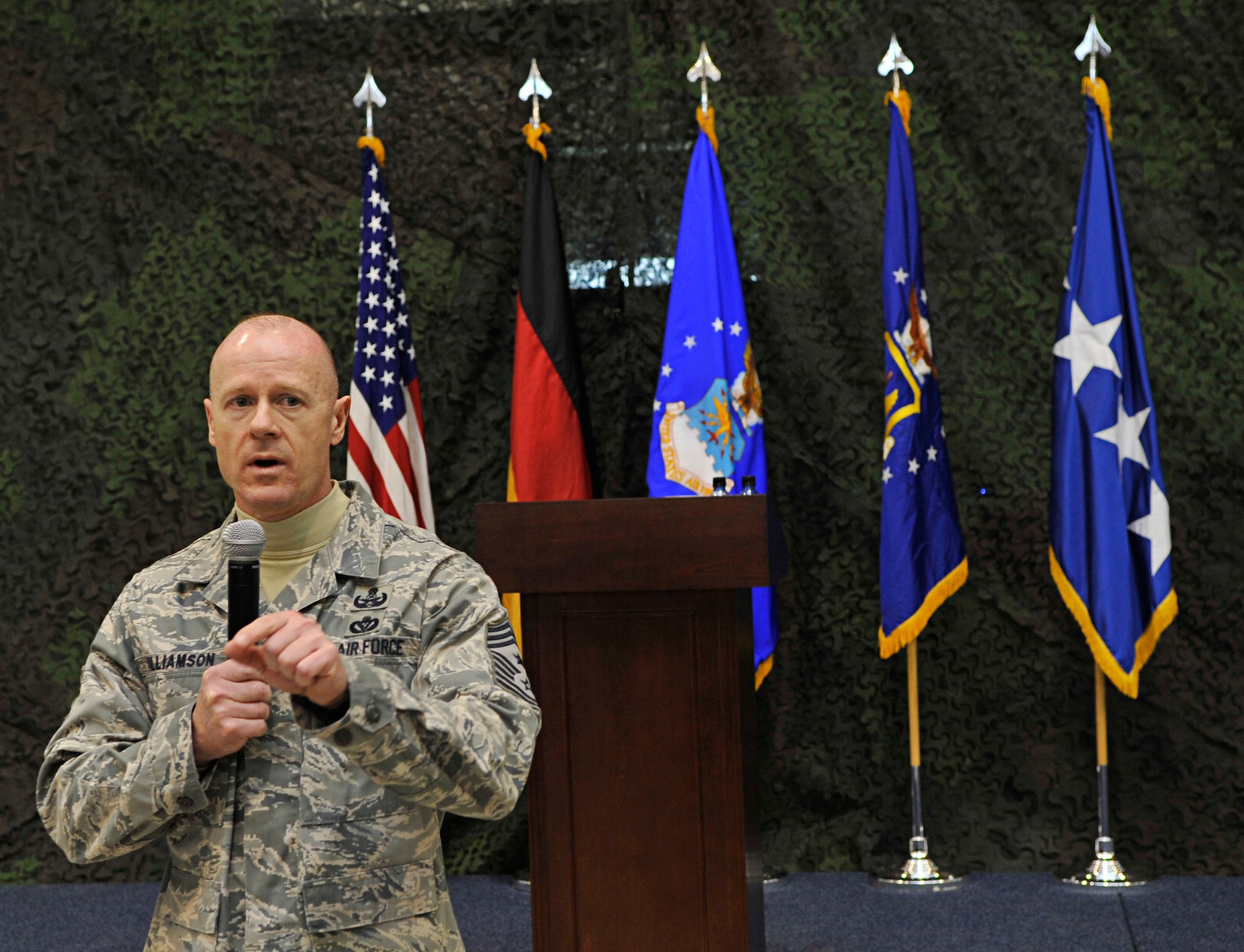 RAMSTEIN AIR BASE, Germany - Chief Master Sgt. David Williamson, U.S. Air Forces in Europe command chief, addresses members of the 435th Air Ground Operations Wing, Jan. 28, 2011. Gen. Mark A. Welsh III, U.S. Air Forces in Europe commander, and Chief Williamson spent the day visiting the facilities of the 435th AGOW. (U.S. Air Force photo by Airman 1st Class Desiree Esposito)