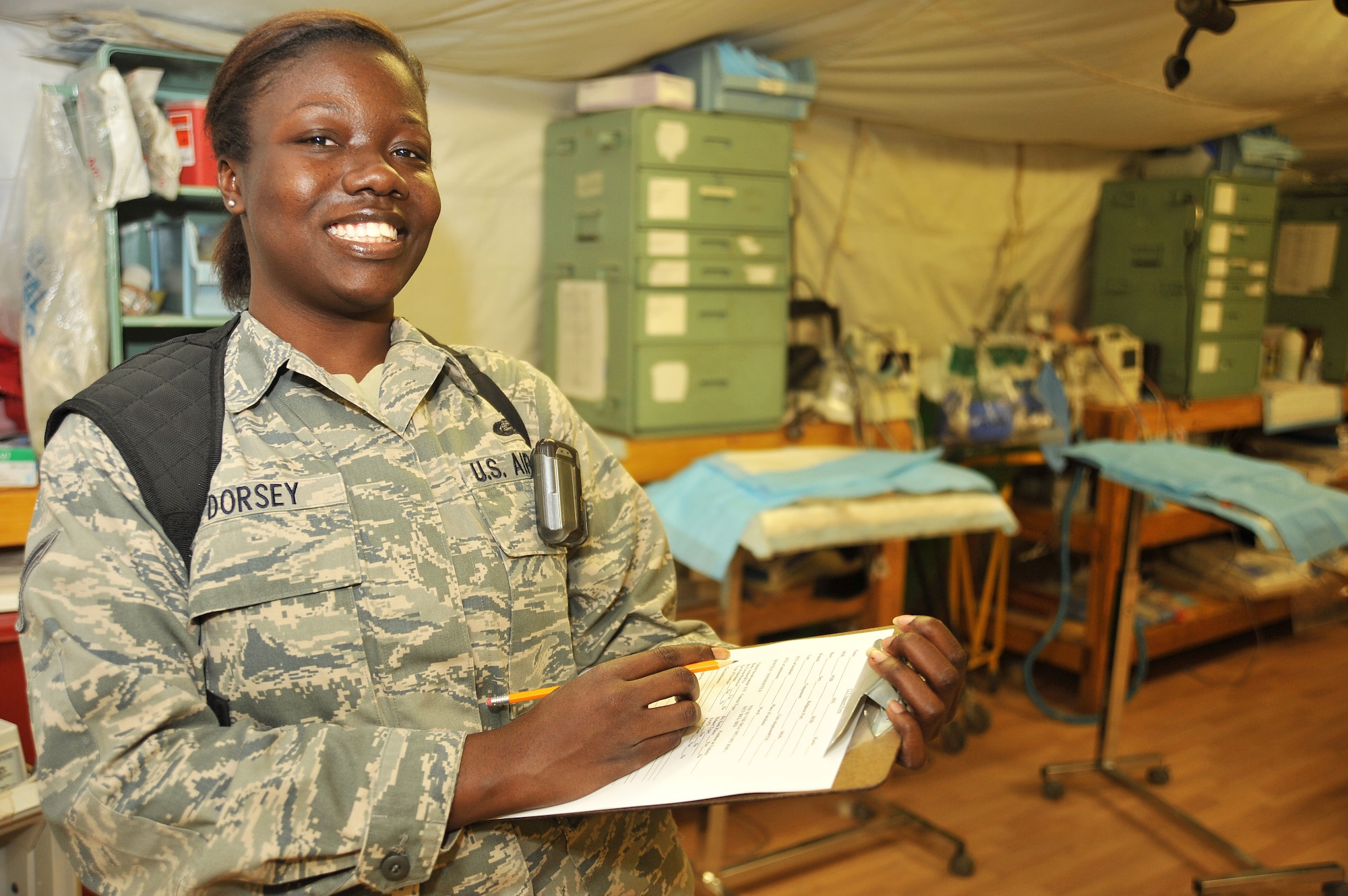 Airman 1st Class Shanita Dorsey, 467th Casualty Liaison Team member, poses for a photo inside the Combat Support Hospital Jan. 26, 2011, on Contingency Operating Base Speicher, Iraq. (U.S. Air Force photo by Senior Airman Andrew Lee/Released)