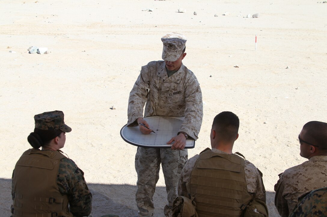 Noncommissioned officers  attending the 81mm mortar forward observer exercise receive a class on how to plot and call for adjustments for mortar fire at Range 106 Feb. 3, 2011.