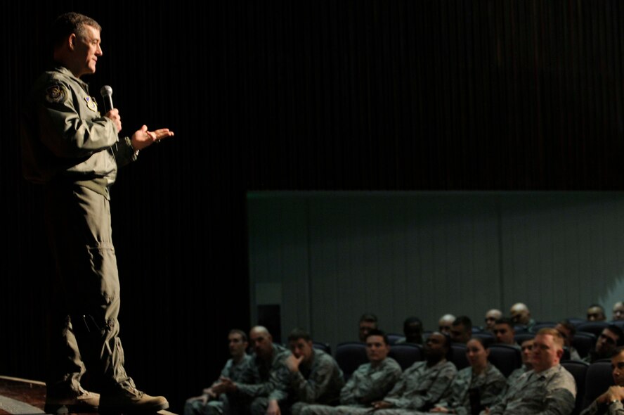 Lt. Gen. Burt Field, U.S. Forces, Japan and 5th Air Force commander, answers questions from Airmen during a Commander’s Call at Kadena’s Keystone Theater, Feb. 1. The Commander’s Call gave Airmen the opportunity to ask the commander questions concerning them about the Air Force like education and budgeting in the service. (U.S. Air Force photo/ Airman 1st Class Brooke P. Beers)