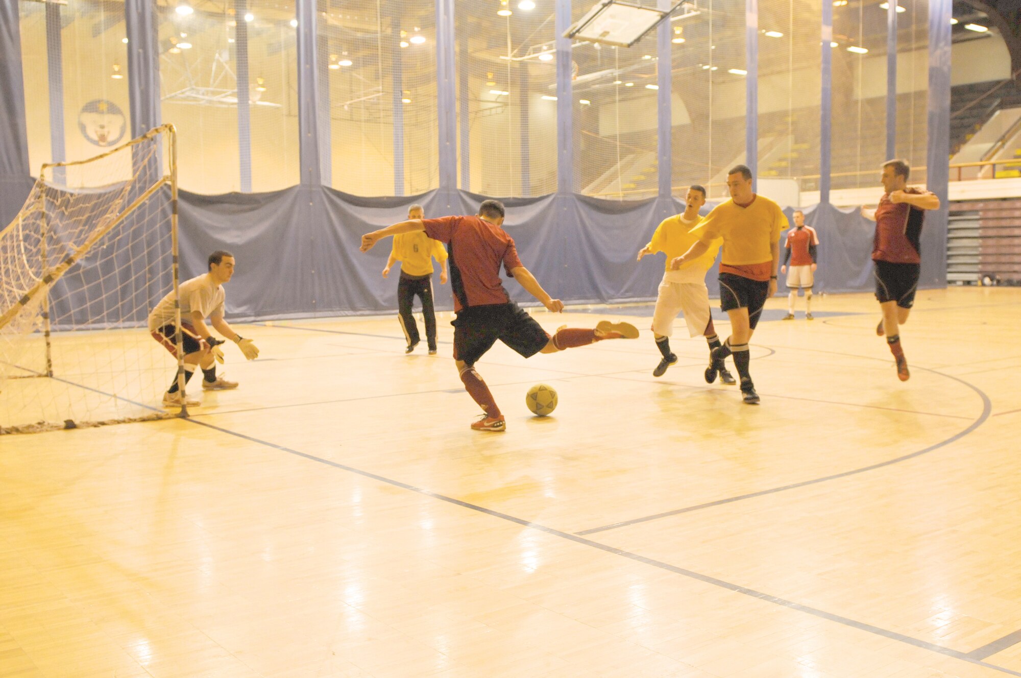 Clint Croutch, 703rd AMXS, takes a shot on goal against McCollum. (U.S. Air Force photo/Steve White)