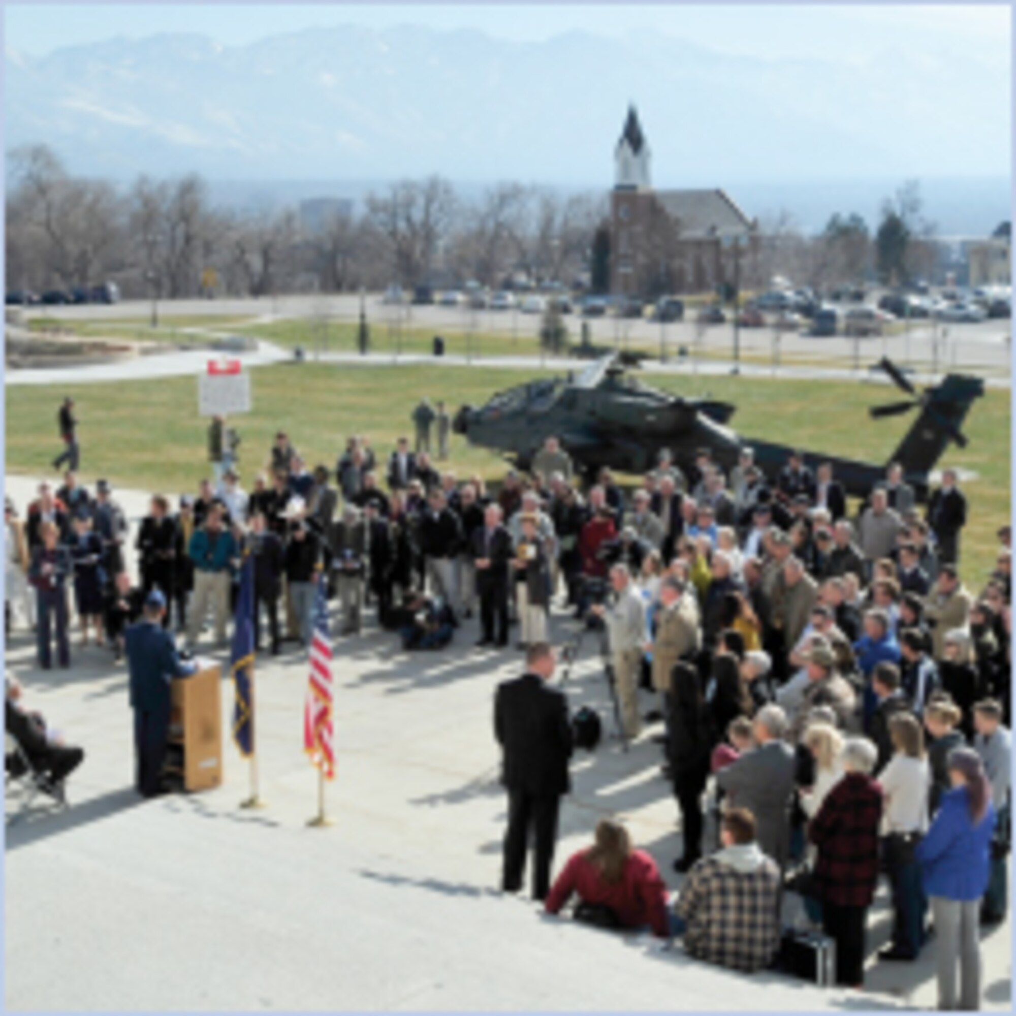 Col. Scott Zobrist, 388th Fighter Wing commander, address those assembled at the Capitol in Salt Lake City. His speech was part of a commemoration ceremony marking the 100th anniversary of the Browning Co.'s M-1911 pistol and the company's efforts in Utah and on behalf of the military. (U.S. Air Force photo by Kim Cook)