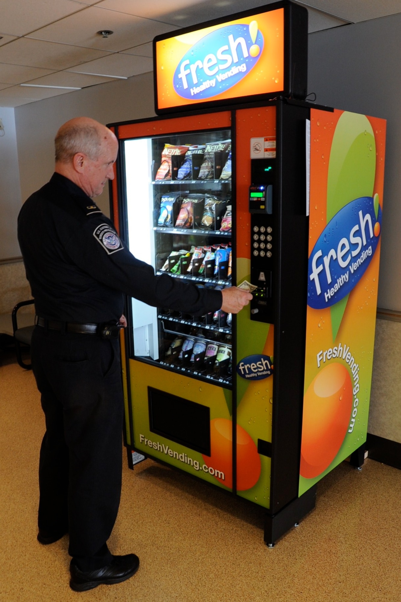 The Joint Base McGuire-Dix-Lakehurst Passenger Terminal has brought in two new healthy choice vending machines for customers to purchase from. The vending machines provide healthy food and drink alternatives from normal machines that predominately carry candy and soda. (U.S. Air Force photo/Airman 1st Class Bryan Swink)